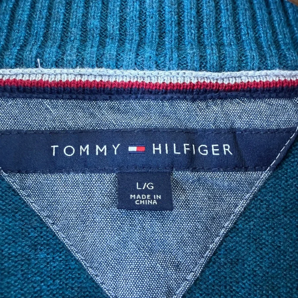 Tommy Hilfiger Mens Teal Blue Heather 1/4 Zip Cotton Pullover Sweater L